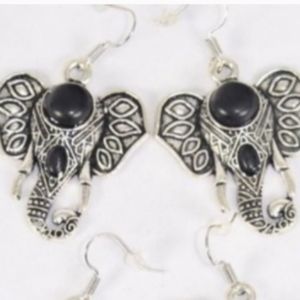 Elephant Earrings BLACK Silver semiprecious stone Elephant Head ss earwires NEW